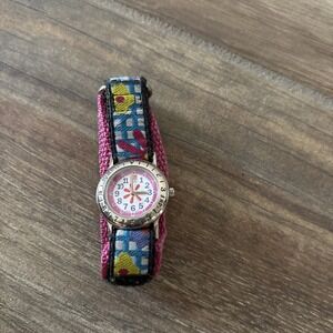 Kids Timex TMX K7 Round Flower Pink Purple Dial Silvertone 3D Poly Band Watch 9e